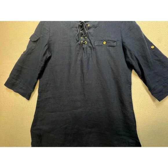 Tommy Hilfiger Womens Lace-Up Tunic Top Size S Navy Blue 3/4 Sleeves Pocket Chic - Picture 4 of 11